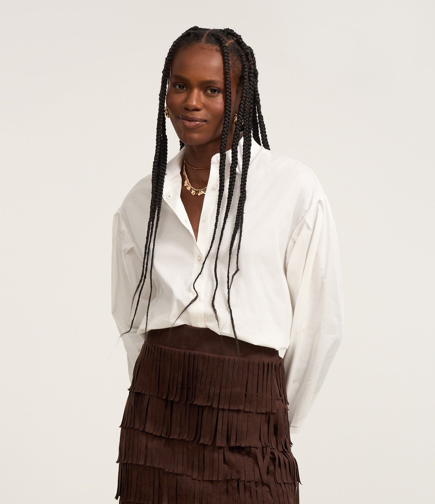 White Tricoline Shirt with Pleated Sleeves