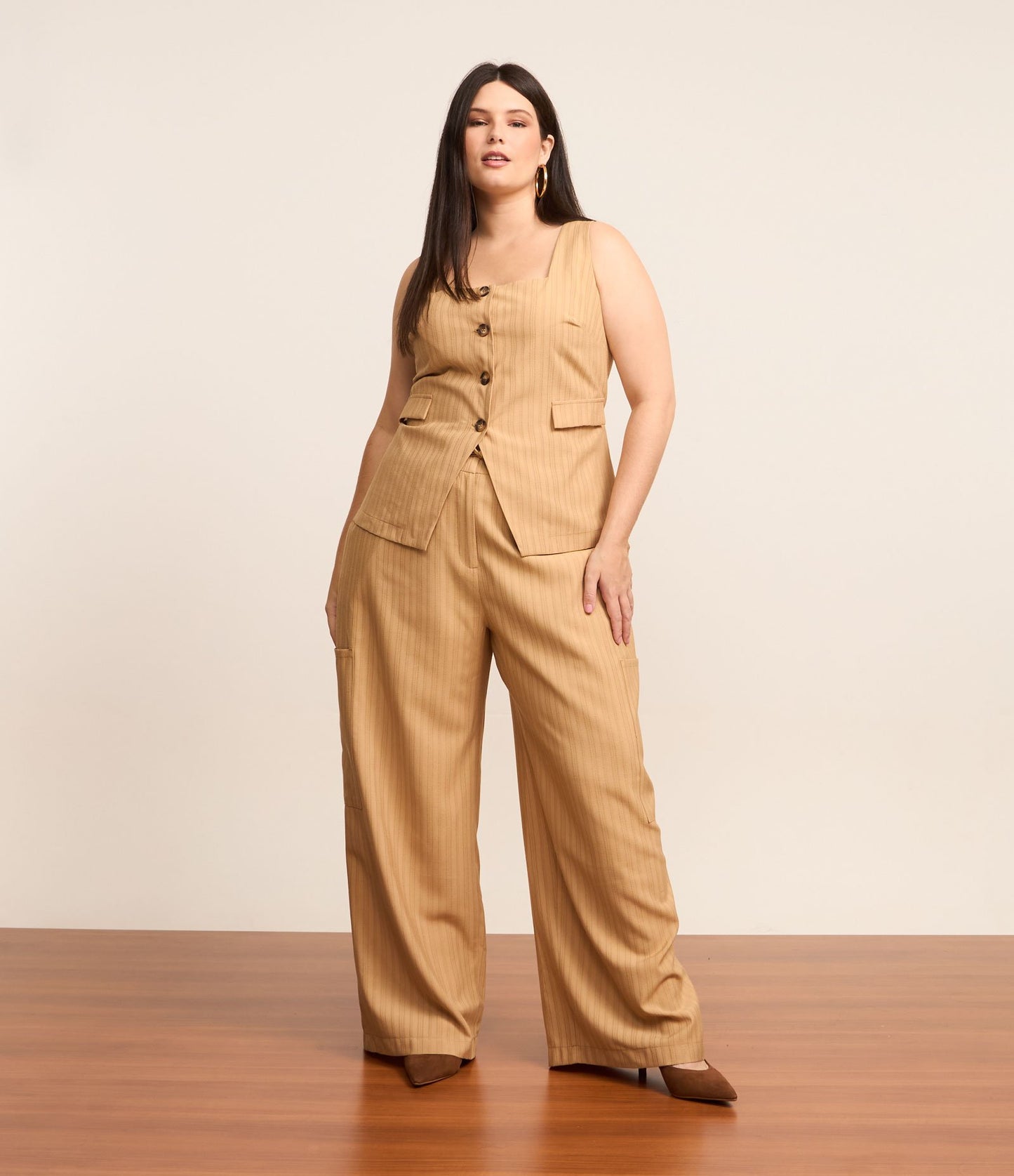 Pantaloni sartoriali a gamba larga con cravatta, Curve e taglie forti, beige caramello