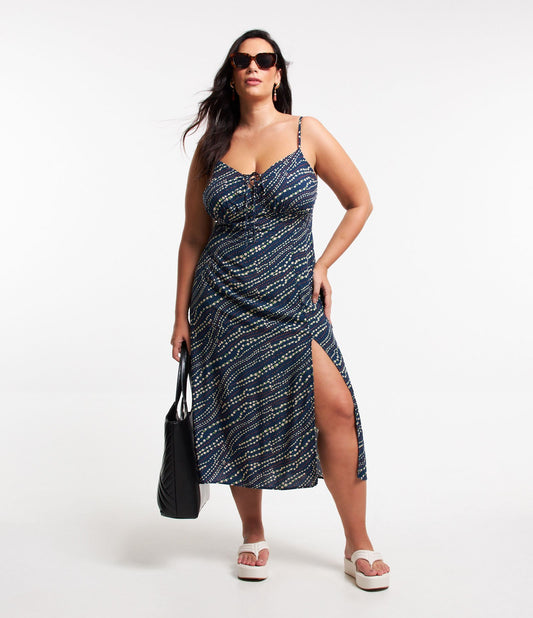 Navy Blue Floral Liberty Midi Dress in Viscose with Bust Tie and Slit - Curve & Plus Size
