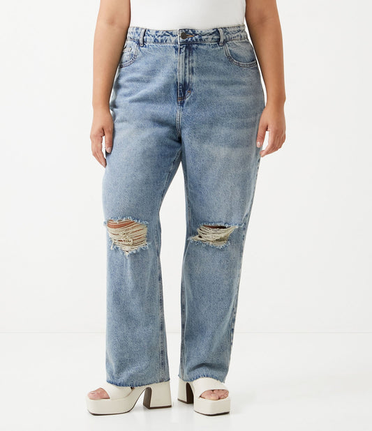 Jeans a gamba dritta con segni di usura, Curve e taglie forti, blu