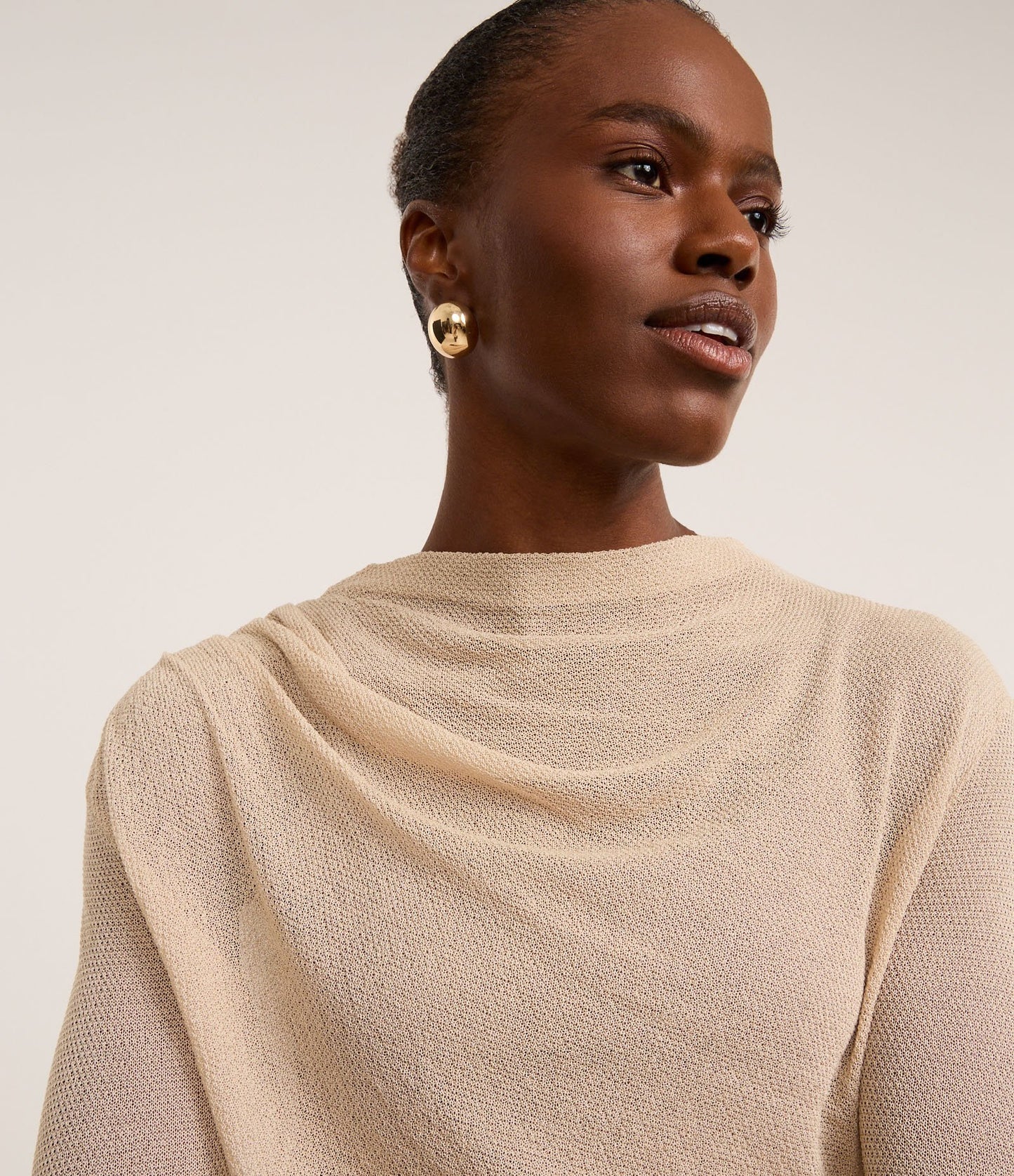 Light Knit Sweater with Cowl Neck and Ruched Side in Grayish Beige