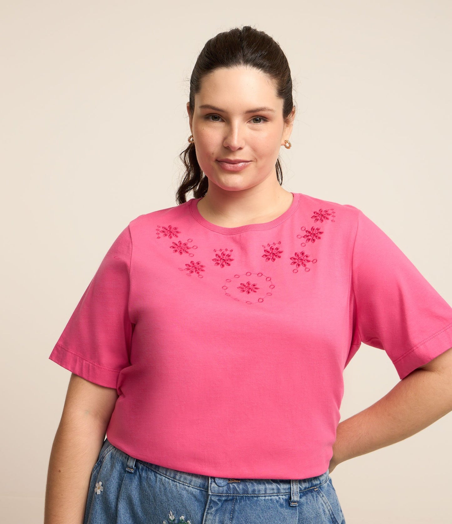 Camicetta in cotone con ricamo floreale, Curve e taglie forti, rosa