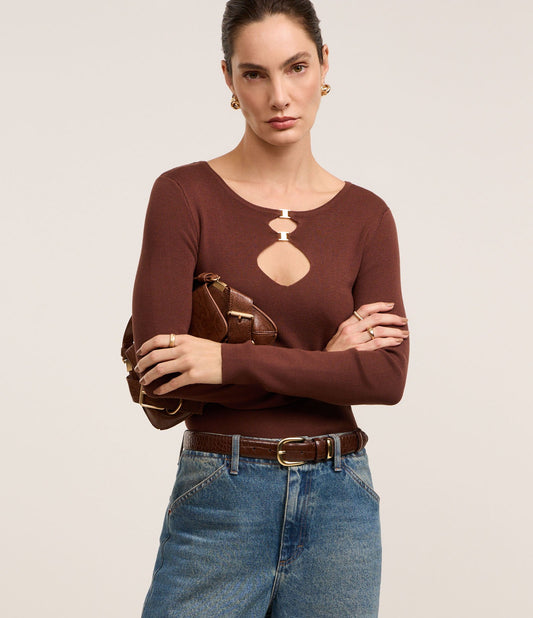 Brown Viscose Blouse with Cutouts and Buckles at the Bust