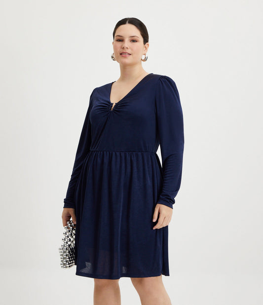 Abito corto in jersey di raso con finiture curve e taglie forti blu
