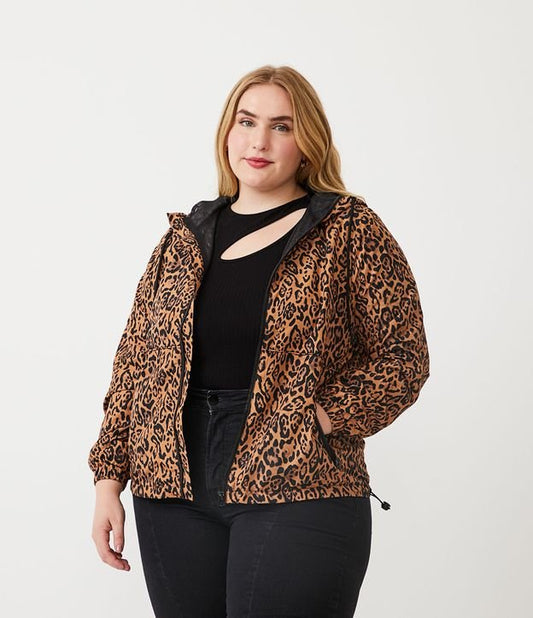 Giacca a vento marrone con stampa animalier, Curve e taglie forti