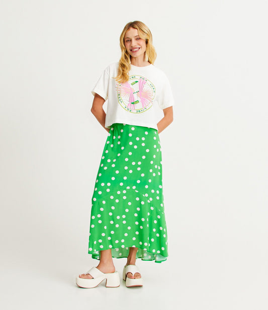 Saia midi em viscose com bainha irregular e estampa de bolinhas verdes