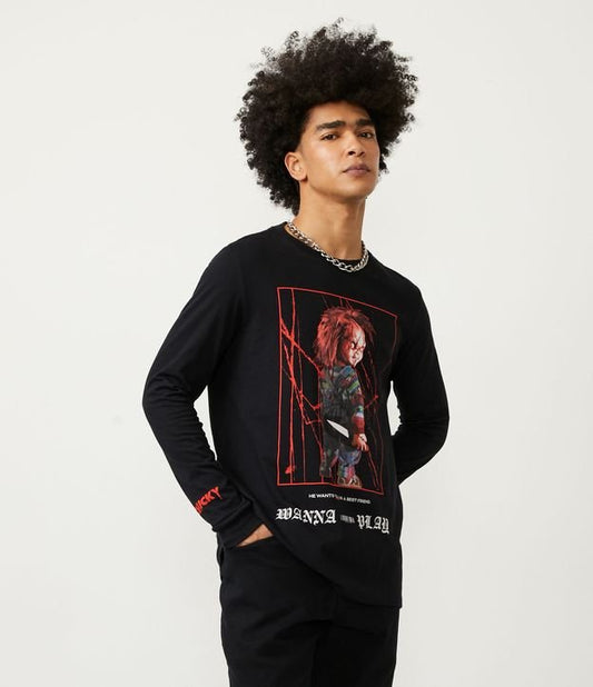 Camiseta de manga longa em malha macia com estampa Chuck preta