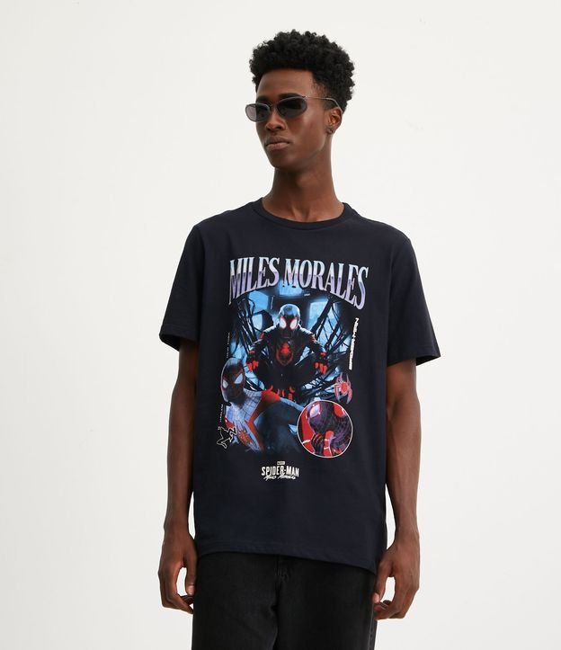 Camiseta preta de ajuste regular com estampa do Homem-Aranha Miles Morales
