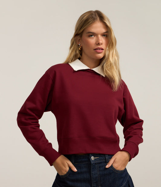 Fuzzy Sweatshirt with Contrasting Red Polo Collar