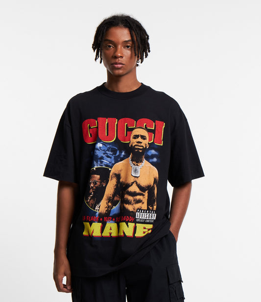 Camiseta preta oversized em malha macia com estampa Gucci Mane