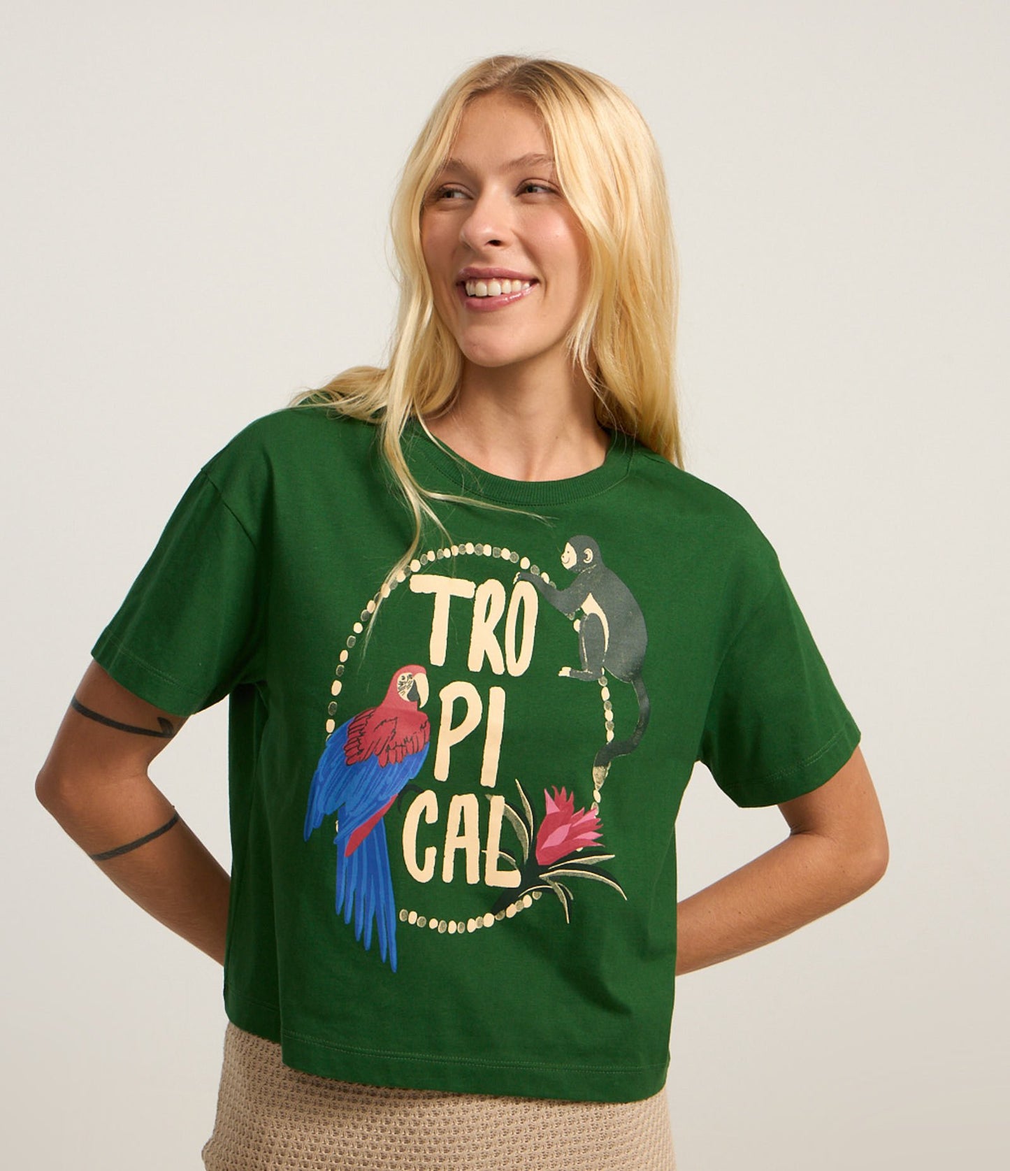 Short Cotton T-Shirt with Green Tropical Print