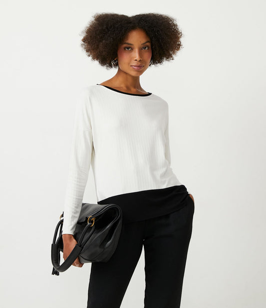 Crepe Knit Blouse with Long Sleeves and Off-White Contrasting Hem