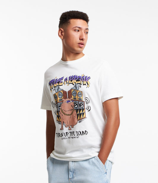 Camiseta de algodón Comfort con estampado de carpincho "Take a Break" - Blanco