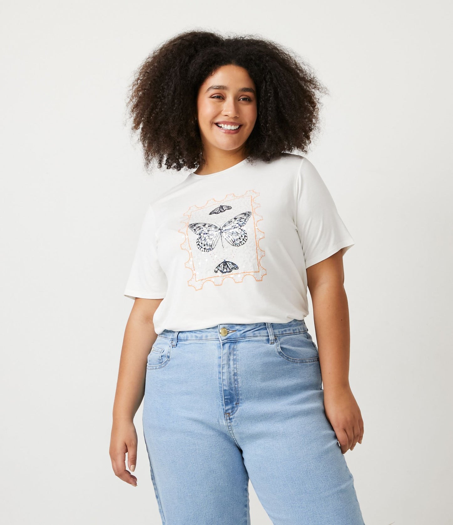 Camicetta a maniche corte con stampa e paillettes, Curve e taglie forti, bianco