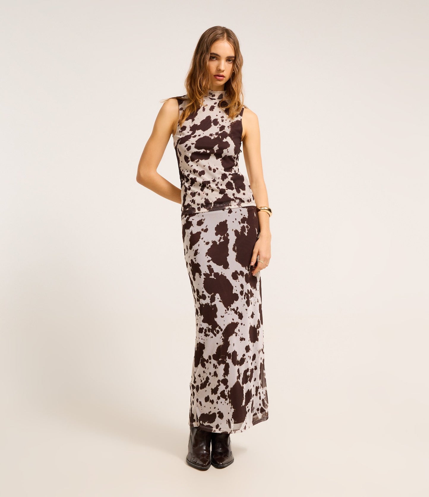 High Neck Tulle Blouse with Brown/Off-White Bicolor Animal Print