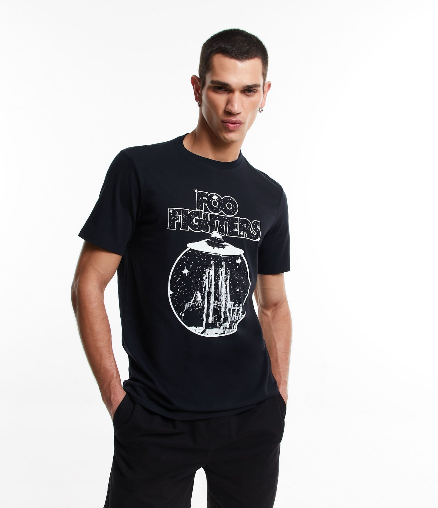 Regular Fit Black T-Shirt with Foo Fighters Abduction Glow-in-the-Dark Print
