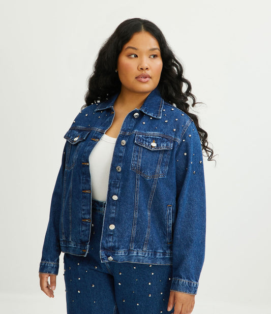 Jaqueta jeans longa com tachas, Curve & Plus Size, azul