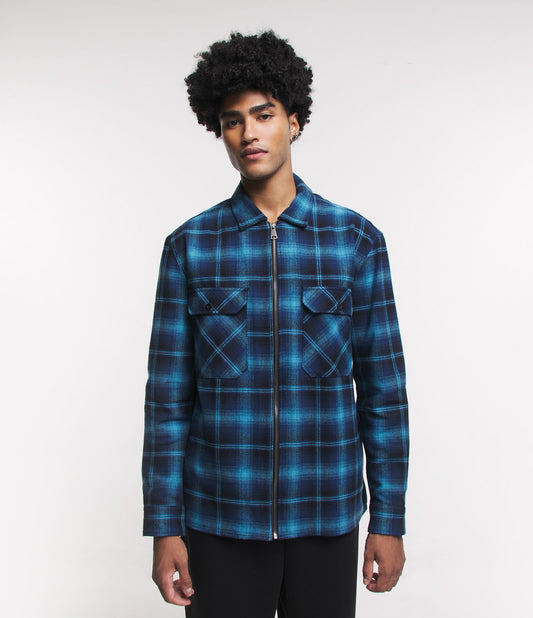 Blue Plaid Flannel Shirt with Zipper Closure