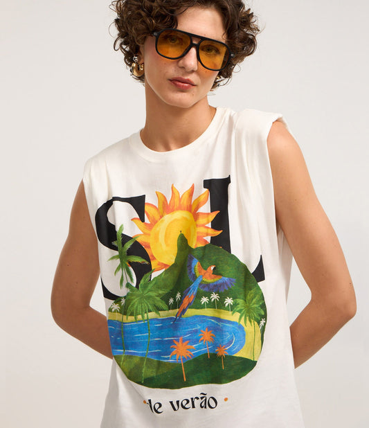 Extended Cotton Muscle T-Shirt with White Summer Sun Print