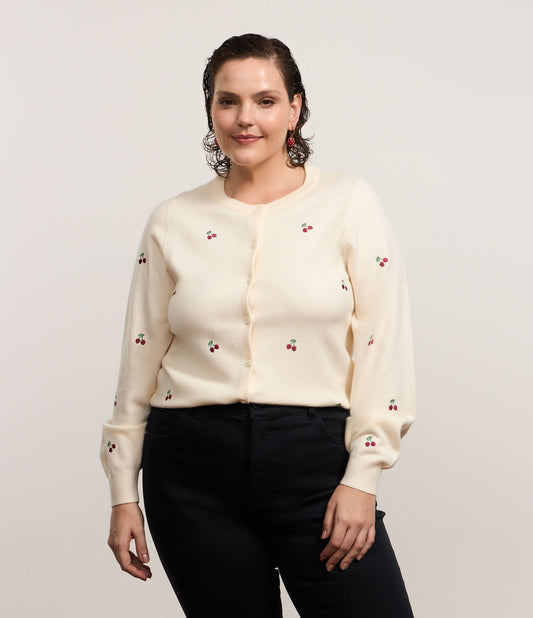 Cream Knit Cardigan with Embroidered Cherries - Curve & Plus Size