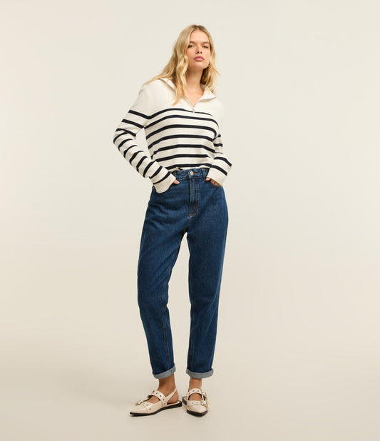 Jeans Mom de cintura alta com costura visível em azul