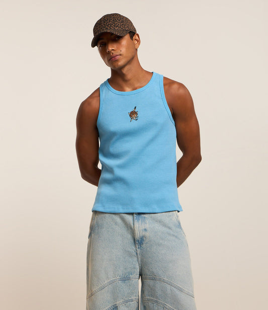 Canotta a costine con ricamo di tigre e disegno di coltello blu