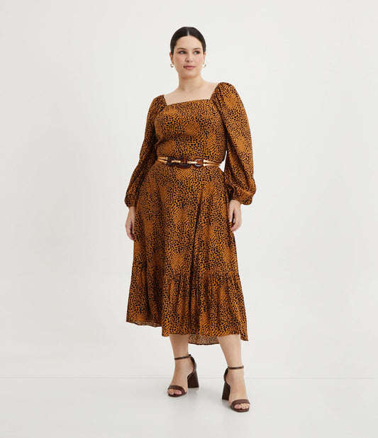 Gonna midi beige Curve & Plus Size in viscosa con stampa animalier leopardata e orlo arricciato