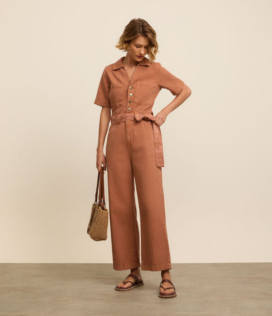 Long Straight Jumpsuit in Brown Twill with Waist Tie