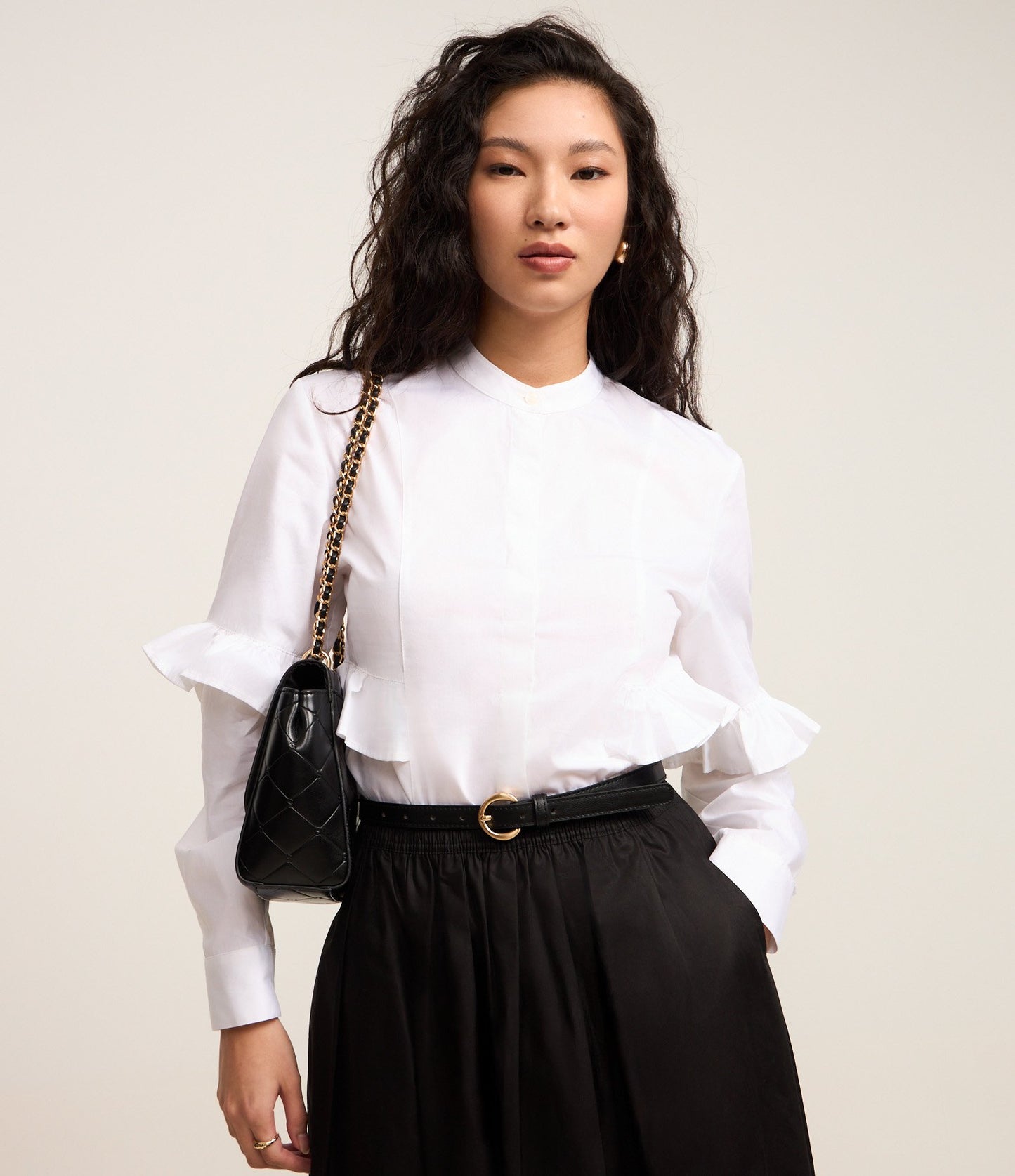 White Tricoline Shirt with Buttons and Ruffled Sleeves