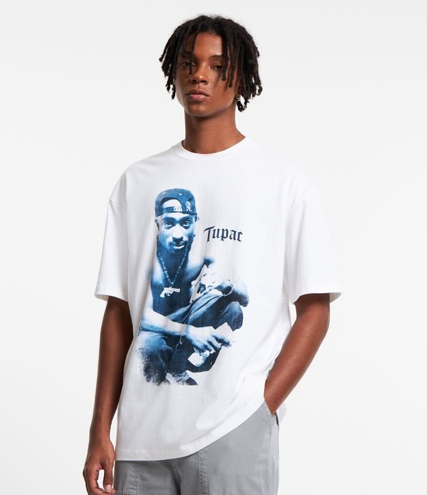 White Cotton T-Shirt with Tupac Print