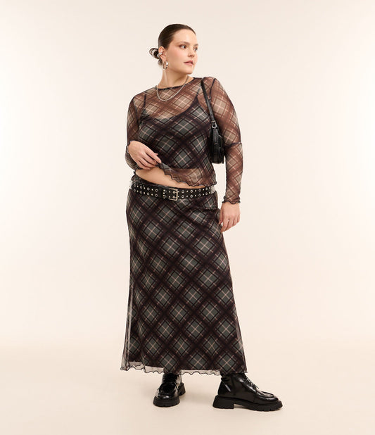 Gonna midi in tulle con stampa a quadri, Curve e taglie forti, verde