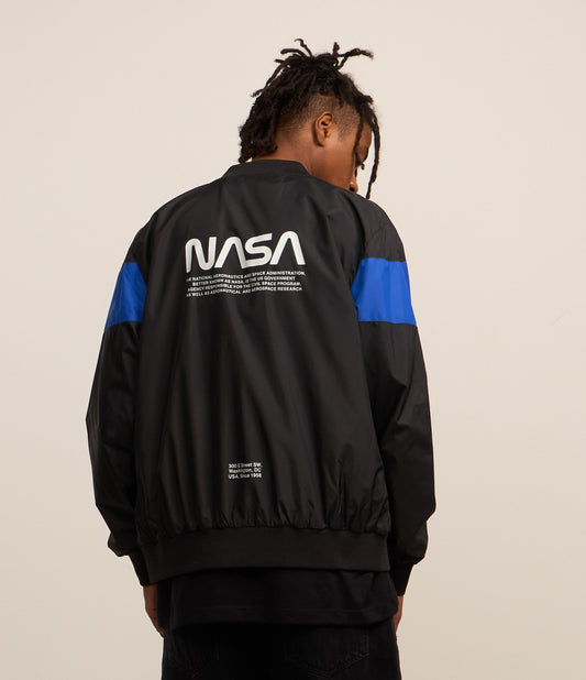 Giacca bomber in microfibra nera con stampa NASA