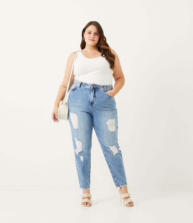 Curve & Plus Size - Jeans da mamma con effetto distressed in blu