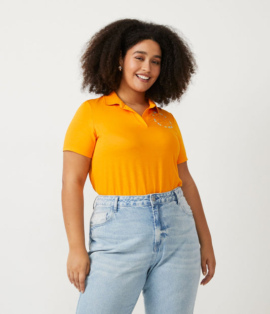 Blusa de tricô com gola polo e estampa de letras, Curve e Plus Size, laranja