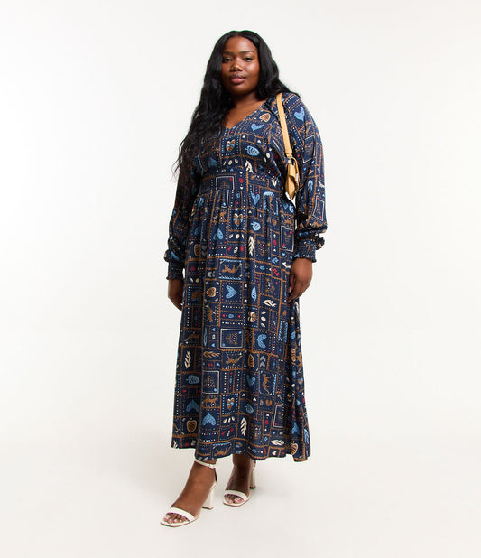 Blue Curve & Plus Size Midi Dress in Printed Viscose with Leopards and Leaves