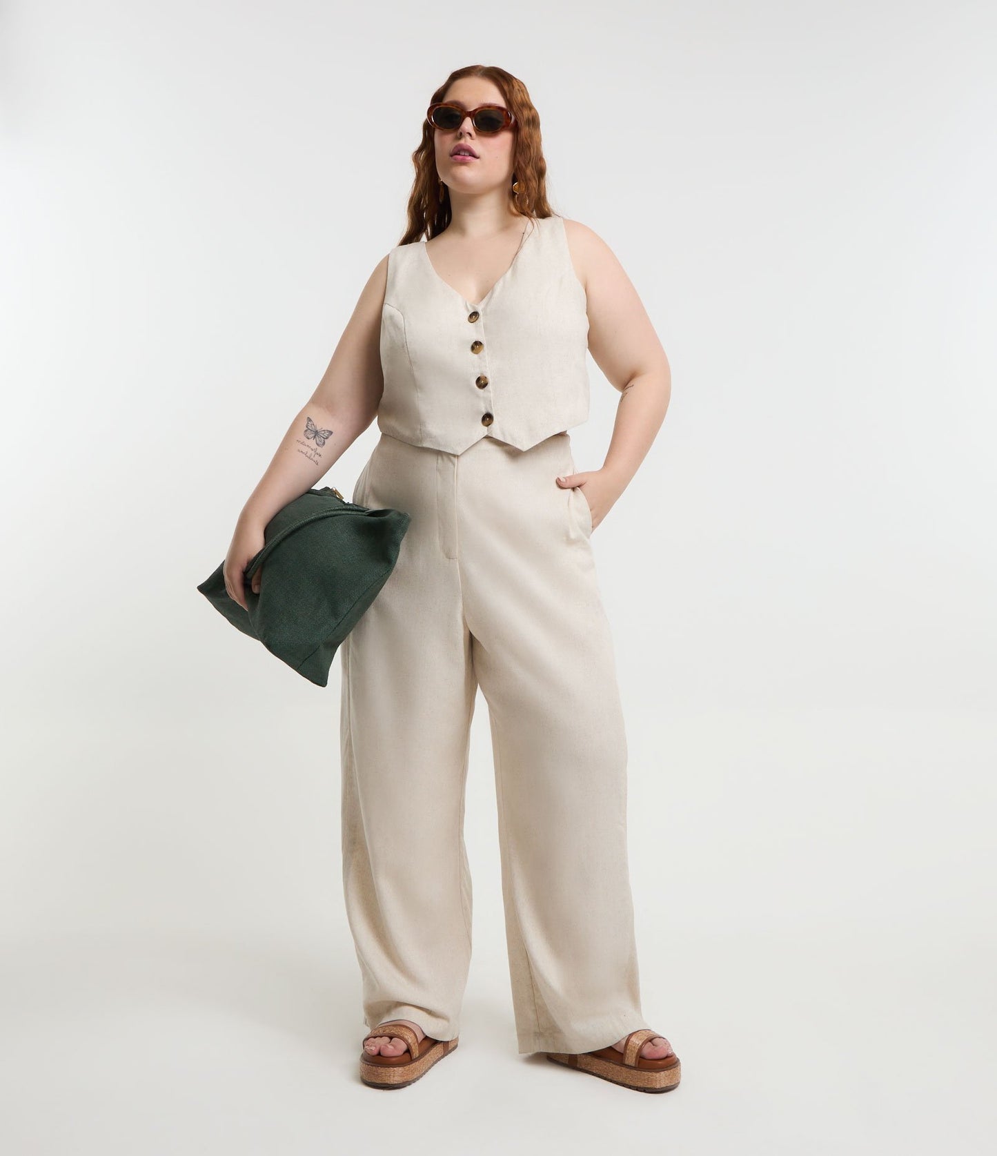 Pantaloni a gamba larga effetto lino, Curve e taglie forti, Beige Raw