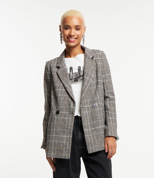Blazer a quadri lunghi in poliestere con bottoni grigi
