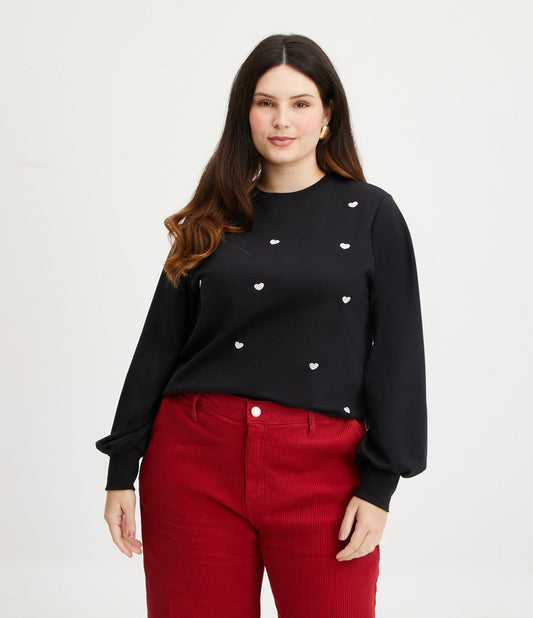 Felpa nera con polsini aderenti e cuori ricamati - Curve e taglie forti