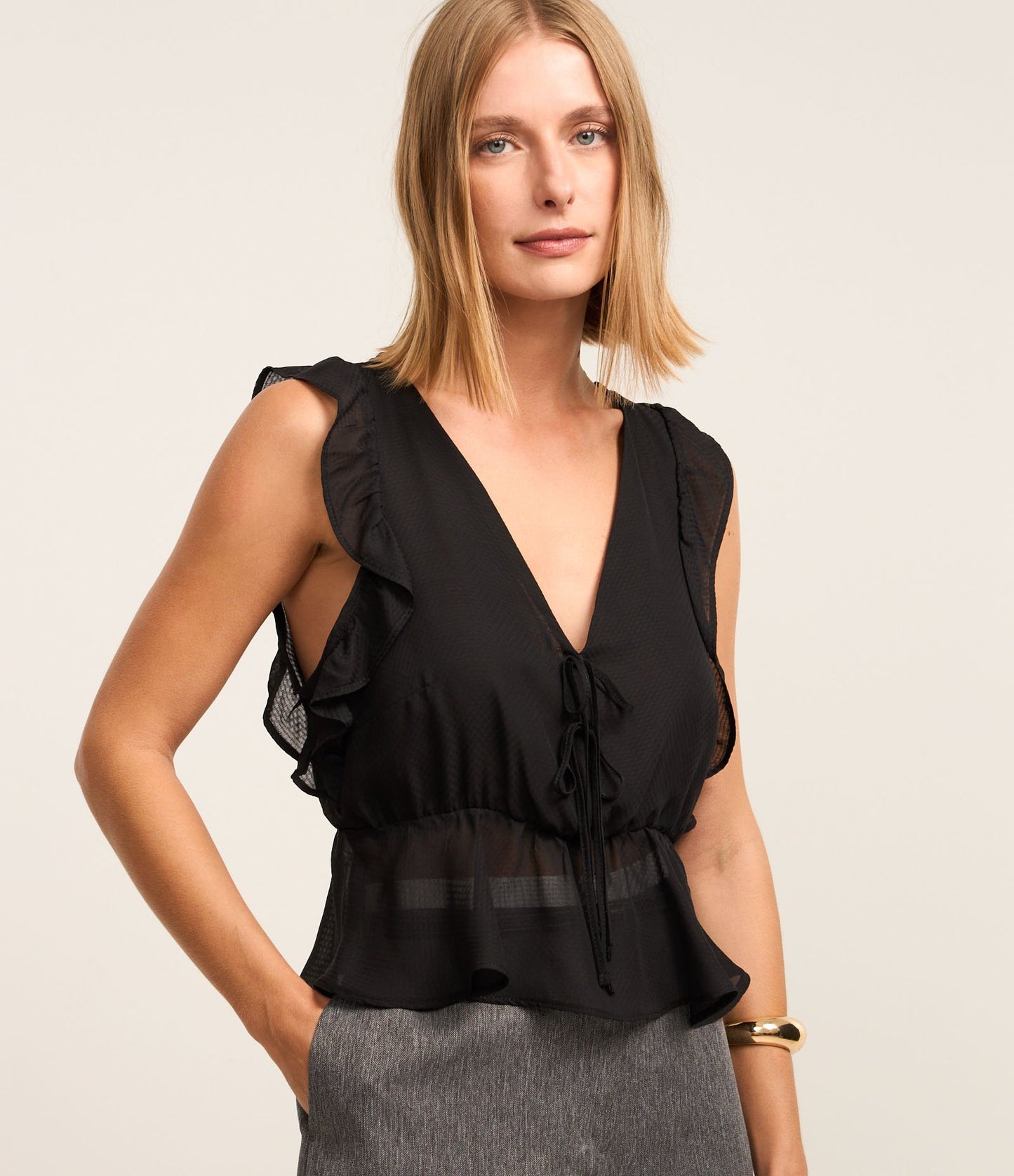 Black Chiffon Blouse with V-Neck and Ruffles