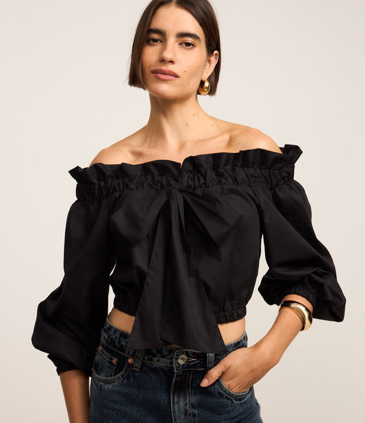 Camicetta tricolore nera off-shoulder con laccetto sullo scollo