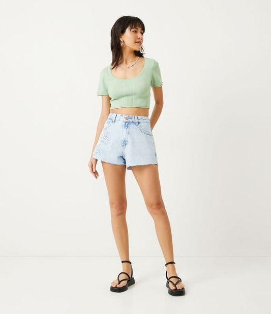 High-Waisted Denim Shorts with Blue Floral Patches