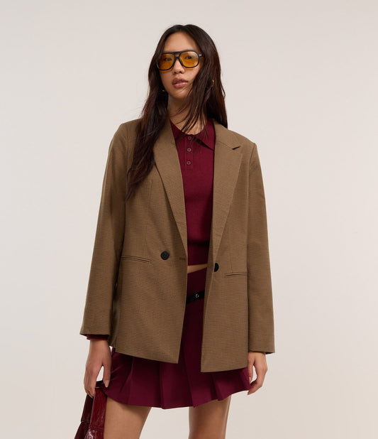 Blazer lungo sartoriale a quadri con bottoni marroni