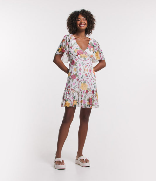 Abito corto in tulle con stampa floreale e volant bianco