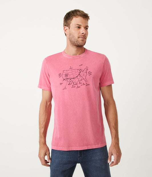 Maglietta in cotone comfort con stampa della mappa della Route 66 rosa