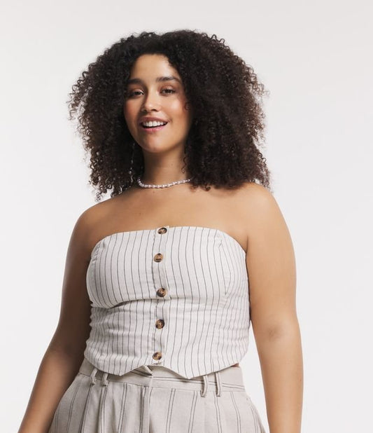 Off-Shoulder Linen Blouse with Stripes and Front Buttons, Curve & Plus Size, Beige
