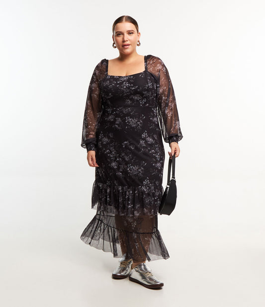Nuevo Vestido Negro Floral Midi Tul - Curve & Plus Size