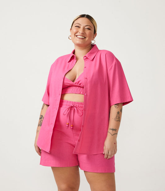 Camicia lunga in lino per taglie forti e taglie forti - Rosa