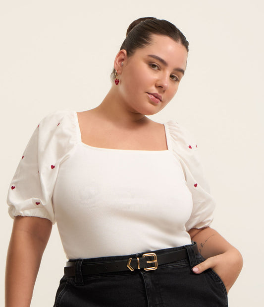 Camicetta bianca a coste con maniche a cuore ricamate - Curve e taglie forti