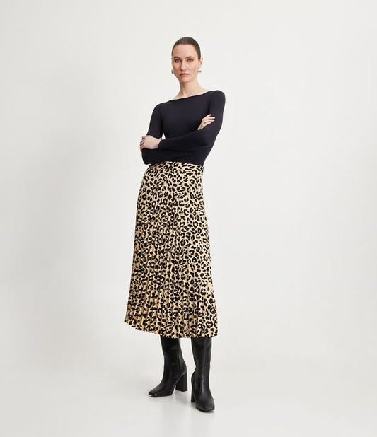 Beige Animal Print Pleated Midi Skirt in Crepe