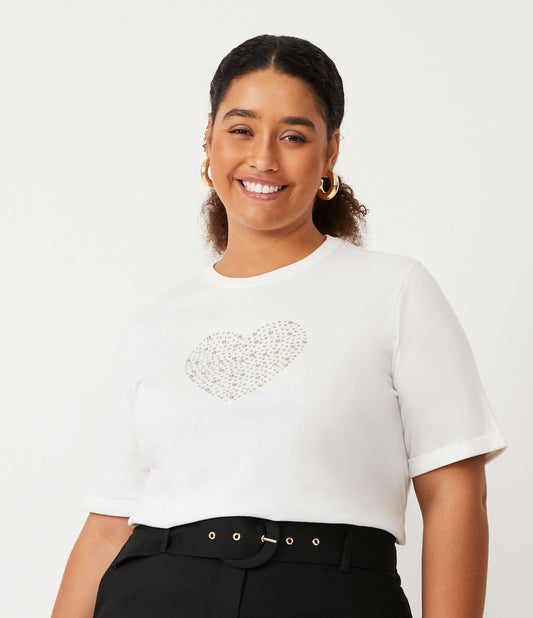Blusa de manga curta com brilhos em forma de coração, Curve & Plus Size, Off White